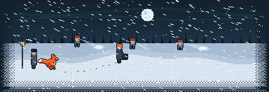 Pixel-Animation: Während Sucher mit Taschenlampen das Schneefeld absuchen, folgt der techFOX-Fuchs einer leuchtenden Spur zum Experten und bringt ihn zur wartenden Kundin unter der Laterne